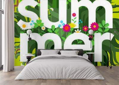 The inscription is a summer in the center and plant elements envelop this inscription. Flat vector illustration Wall mural