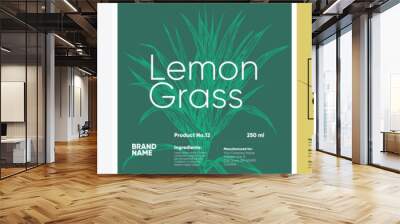 Three labels for lemongrass products, illustrated in engraving style, displaying the plant in muted green, red, and yellow hues with bold typography. Wall mural