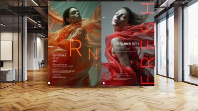 Typography poster design. Four fashion portraits overlaid with bold typography, promoting events with dates, times, and pricing details, modern design style against a dark backdrop. Wall mural