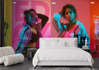 Typography poster design. Four women in sporty attire against dynamic, color-blocked backgrounds, each overlaid with large typographic design elements and promotional event details. Wall mural