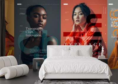 Typography poster design. Posters with four distinct fashion portraits, each overlaid with typography design elements and promotional text Wall mural