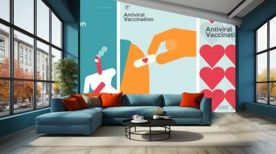 Vaccination. Set of vector illustrations. Simple, fun, background pictures about vaccine action, immunity, health.  Wall mural