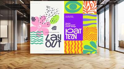 Vibrant poster set featuring creative typography and abstract elements. Includes retro-inspired graphics, minimalist layouts, and modern vector illustrations in a trendy style. Wall mural