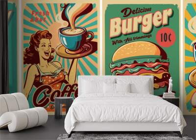 Vintage posters of the 50s, 60s. Fast food, coffee, burger, delivery. Set of vector postcards. Wall mural