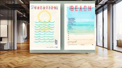 Watercolor abstract backgrounds, vector , beach, sunset, sea. Event poster , invitation card .Set of creative minimalist hand painted illustrations for wall decoration. Pastel colors. Wall mural