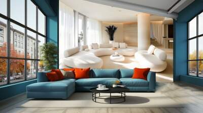 Modern living room with white sofa and coffee table, minimalist decor futuristic interior design. Wall mural