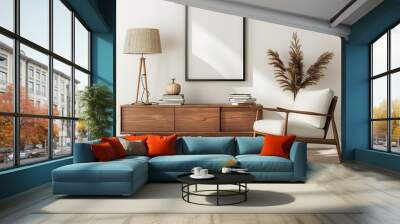 poster frame mockup in a modern living room interior with floor, wooden furniture, chair and cabinet.  Wall mural