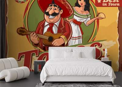 aged sign with taco and mexican man and woman Wall mural