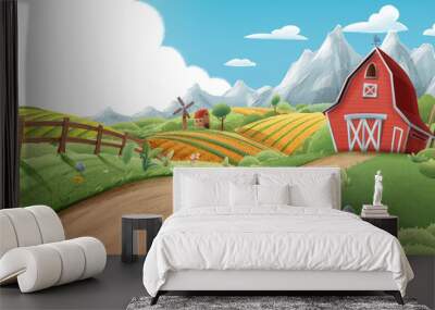 illustrated landscape of a farm for background spring Wall mural