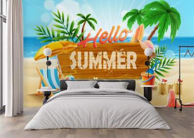 landscape on the beach in summer with wooden sign parasol sand and palm trees ball Wall mural