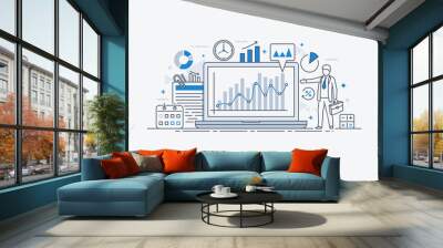 A manager reporting marketing the show graphs, on laptop display. Reporting concept. Vector modern thin line illustration. Wall mural