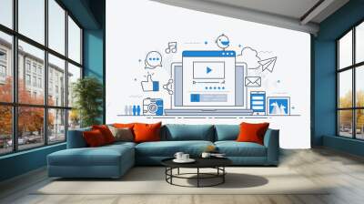 Computer, global networks and social media concept. Flat modern line-art vector illistration. Wall mural