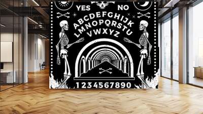 Ouija Board With Skeletons. Occultism Set. Vector Illustration. Wall mural