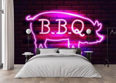 Red and Pink Neon BBQ Pig sign on a brick background . BBQ of Neon-Style. Wall mural