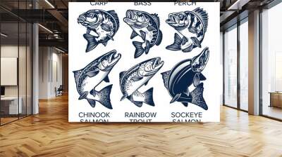 Set of Fish Emblems Vintage Style. Carp, Bass, Perch, Chinook Salmon, Rainbow Trout, Sockeye Salmon Vector Illustrations. Wall mural