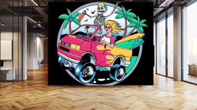 Surfing T-shirt Vector Designs. Surf Van with Crazy Skeleton and Blondie Girl. Vintage Surfing Emblem for web design or print. Surfer logo templates. Vector Illustration. Wall mural