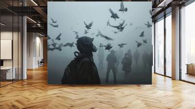 Person wearing gas mask stands against backdrop of flying birds, bird flu context. Gloomy grey image. Wall mural