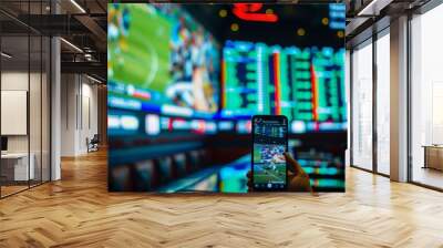 Sports betting. Mobile phone screen against background of sports competition analysis charts. Display of bets, winnings, losses on screen. Bookmakers, betting, prediction, luck. Wall mural