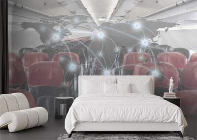 Airline business and business trip planning with smart travelling concept. View from airplane window with graphic of world map with flight connection as background. Wall mural