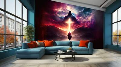 Jesus walking to the top of the mountain where the cross stands and the light falls on Calvary hill. at sunrise hope faith faith in jesus christ christianity Generative AI Wall mural