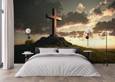 The cross sits at the top of the mountain, and the light shines on Calvary Hill. at sunrise concept of ascension day Christian Easter. Hope, Faith, Faith in Jesus Christ, Christianity Generative AI Wall mural