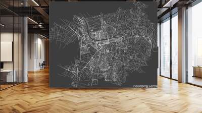 Detailed negative navigation white lines urban street roads map of the German regional capital city of HEIDELBERG, GERMANY on dark gray background Wall mural