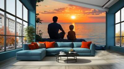 father and son watching sunset, Generative AI Wall mural