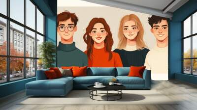 Happy group of young people.  illustration in a flat style, Generative AI Wall mural