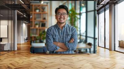 Portrait of successful programmer in modern office of development company, asian man with crossed arms smiling and looking at camera, Generative AI Wall mural