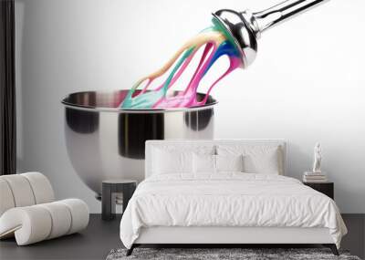 A metal bowl holds a spoon dipped in a colorful liquid, creating a vibrant and harmonious blend of hues Wall mural