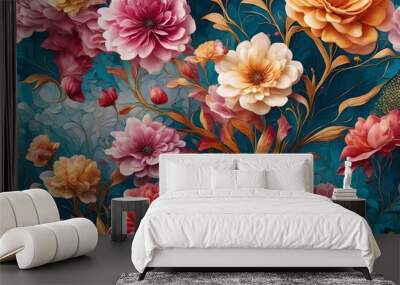 An HD image capturing the seamless blend of vibrant liquid colors on a modern canvas, complemented by the artistic allure of delicate flower motifs Wall mural