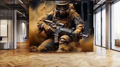 soldier with gas mask and gun Wall mural