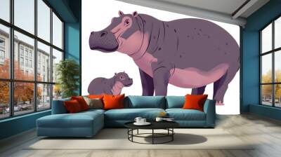 A cartoon-style illustration of a mother hippopotamus and her calf standing together on a simple surface against a dark background. Wall mural