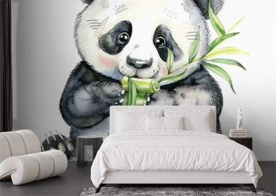 Watercolor illustration of cute baby panda holding bamboo, adorable animal art, black and white bear cub Wall mural