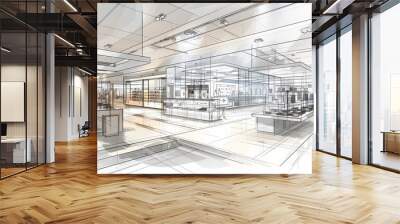 Architectural Sketch of Modern Retail Store. Wall mural