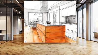 Modern Kitchen Design Concept Sketch. Wall mural