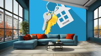 House keys with house shaped keychain isolated on background vector flat design. Wall mural