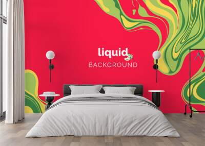 Abstract liquid background, in warm yellow and green ink on red Wall mural