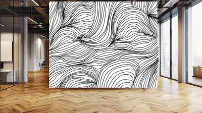 Abstract seamless pattern, wavy line art ink drawing in black on white Wall mural