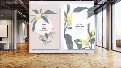 Botanical wedding invitation card template design, white Champaka and other leaves with white frame on brown background, vintage style Wall mural