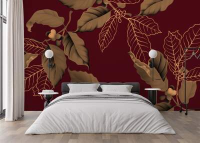 Coffee tree seamless pattern, branch of coffee tree in golden brown on dark red background, vintage style Wall mural