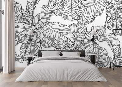 Floral seamless pattern, black and white fiddle leaf fig on white background, line art ink drawing Wall mural