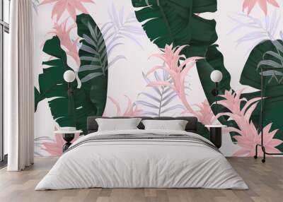 Floral seamless pattern, green banana leaves, pink Bromeliaceae plant and palm leaves on light gray background, pastel vintage theme Wall mural