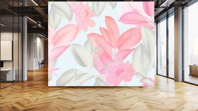 Floral seamless pattern, pink and white Ficus Elastica / rubber plant and pink paenia lactiflora flowers on light blue background Wall mural