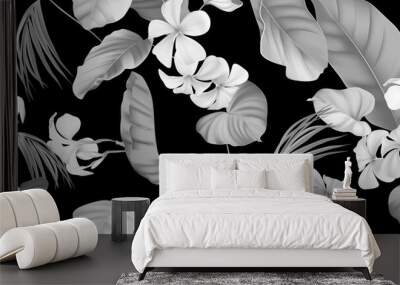 Floral seamless pattern, plumeria flowers with various leaves in black and white Wall mural