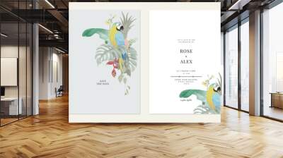 Floral wedding invitation card template design, colorful flowers and leaves with blue-and-yellow macaw Wall mural