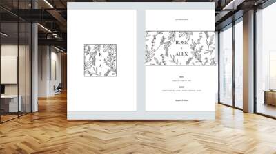 Floral wedding invitation card template design, floral line art ink drawing on white Wall mural