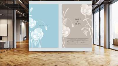 Floral wedding invitation card template design, monochrome poppy flowers with leaves on blue and grey, two tones color Wall mural