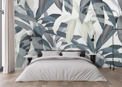 Foliage seamless pattern, blue Cordyline fruticosa Firebrand plant on bright grey Wall mural