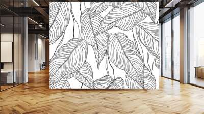 Foliage seamless pattern, leaves line art ink drawing in black and white Wall mural